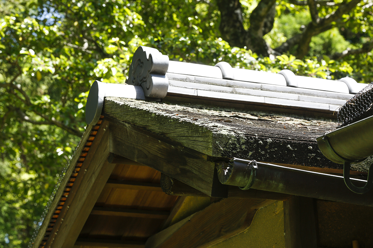 入母屋造の屋根の一部は杮葺(こけらぶき）になっています