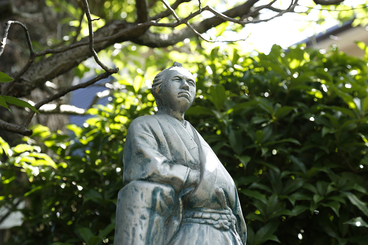 庭には龍馬像がたてられています